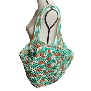 Large Crochet Mesh Market Bag Teal White Cotton Handcrafted Handmade Reusable